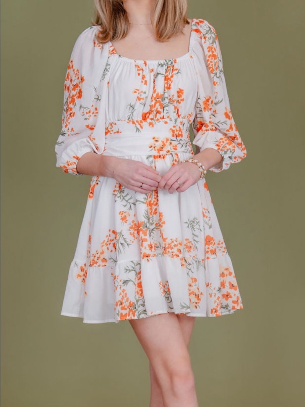 White & Orange Floral Puff Sleeve Midi Dress